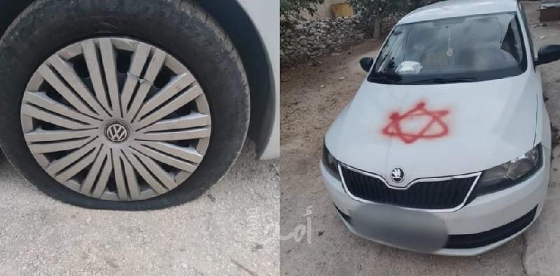 سلفيت: مستوطنون إرهابيون يعطبون إطارات مركبات ويخطون "شعارات عنصرية"- صور