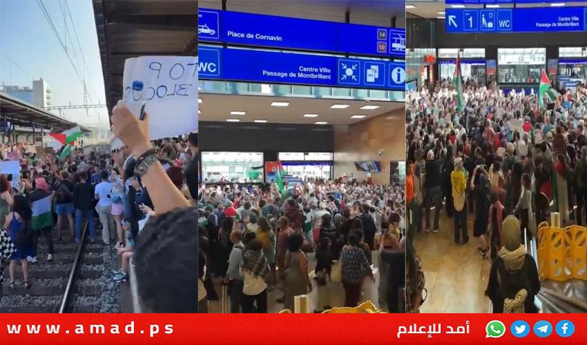 متظاهرون يغلقون محطات القطارات في جنيف ولوزان دعماً شعب فلسطين – صور وفيديو