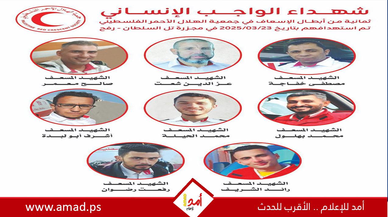 الهلال الأحمر الفلسطيني: استشهاد ثمانية من مسعفينا هو فاجعة بحق العمل الإنساني
