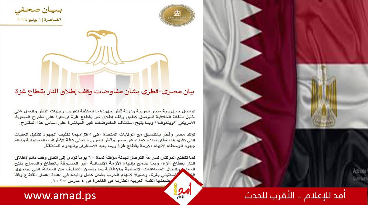 مصر وقطر: نتطلع لسرعة التوصل لهدنة إنسانية في غزة لمدة 60 يوم